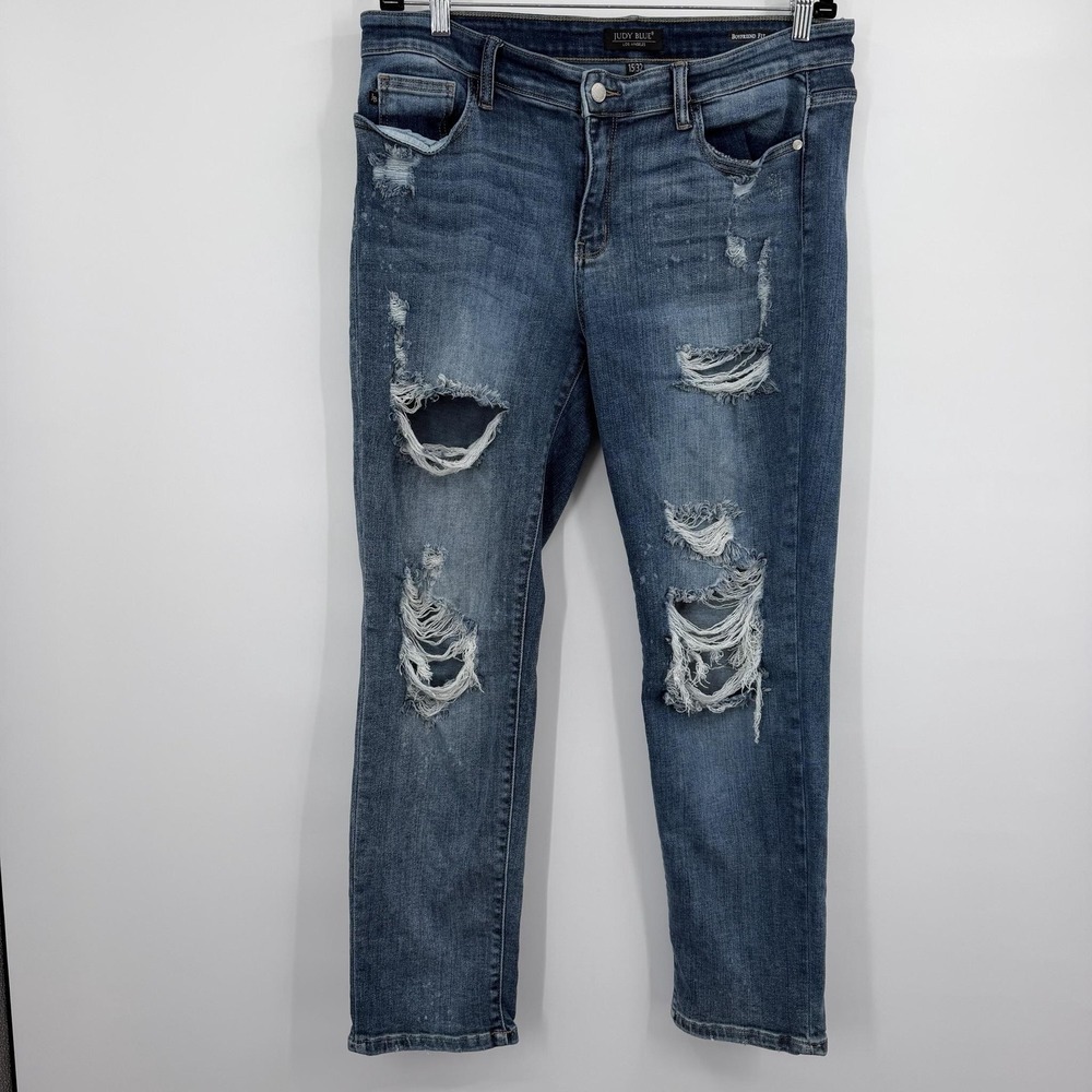 Judy Blue Jeans Womens 32 Blue Boyfriend Distressed Ripped Relaxed Stretch